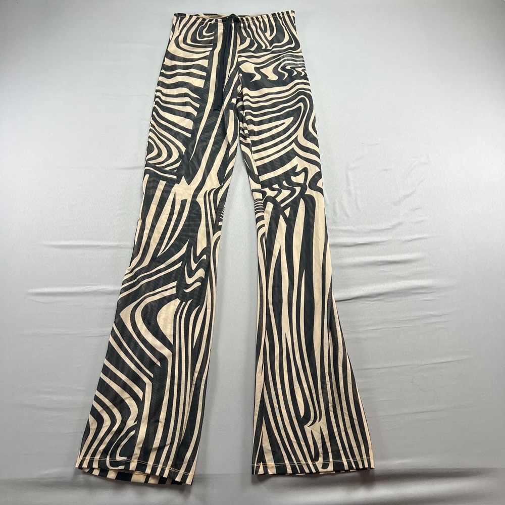 Jaded London Flared Pants Womens 4 Black Beige Warped Lines Print Mesh Stretch